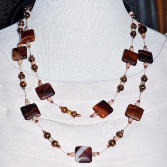 Handmade Handknotted Brown, Caramel & Cream Chicklet Beaded Necklace - Picture 1 of 4